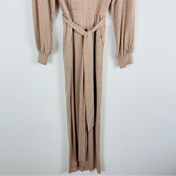 Express tan knit cropped boho tie waist stretch jumpsuit medium - Picture 3 of 9